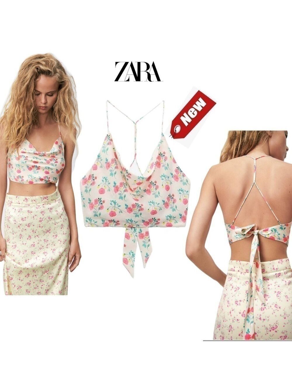 Zara cream floral flower crisscross strappy open back draped crop top Sz L NWT - Picture 10 of 10